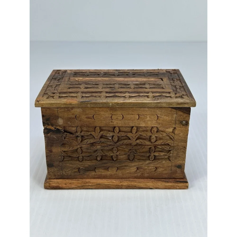 VTG Wood Hand Crafted Carved Cigarette Case Holder Dispenser‎ Magic Box